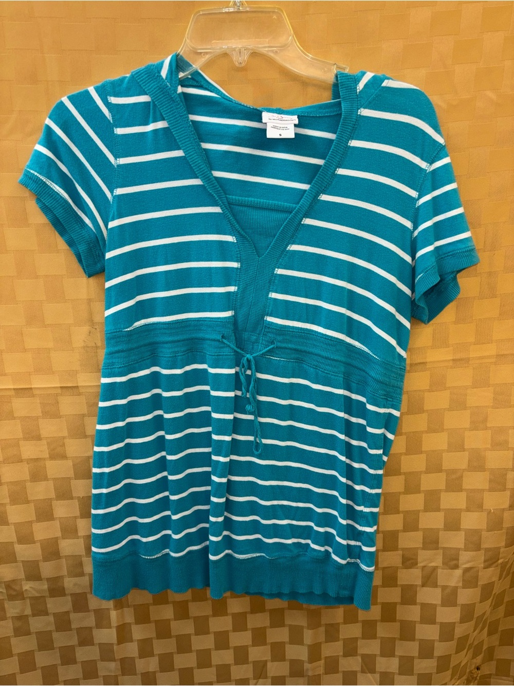 Motherhood Teal and White Striped Short-Sleeve V-Neck Tunic